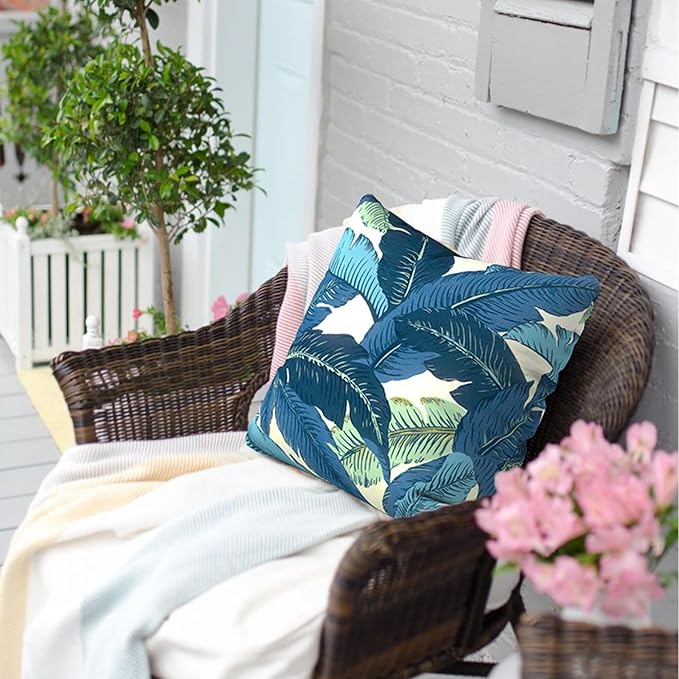 Outdoor Pillows for Patio Furniture 18x18 inch, Square Outdoor Throw Pillows with Inserts, Decorative Toss Pillows for Garden Couch Home Sofa Office Chair, Pack of 2, Swaying Palms Blue