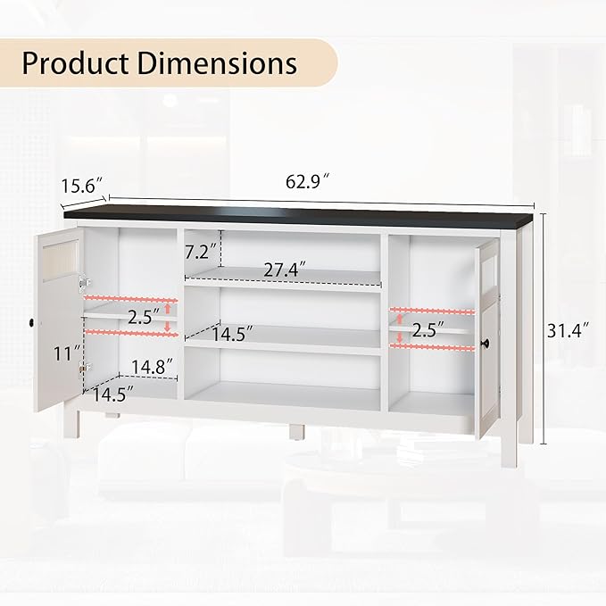 White TV Stands for Living Room: 63" Modern Entertainment Center with Storage, TV Consoles for Living Room, for Up to 70 Inches Television Stands Wood (White)