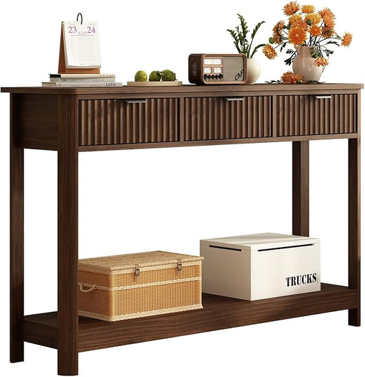 RUSTOWN Fluted Wood Console Table with 3 Drawers, Boho Narrow Behind Couch Entryway Table with Open Storage Shelf, Modern Sofa Table for Living Room, Foyer and Hallway (Dark Walnut)