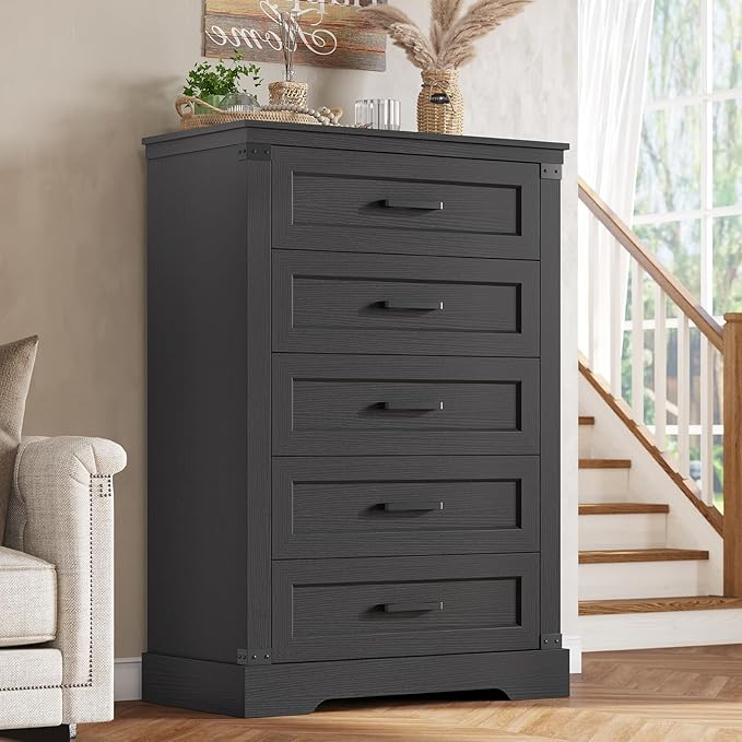 Hasuit Tall Black Dresser for Bedroom with 5 Drawers, Wooden Farmhouse Dresser Chest of Drawer with Thick Styling, Large Capacity Storage Cabinet with Wide Drawer, Dressers for Living Room Hallway