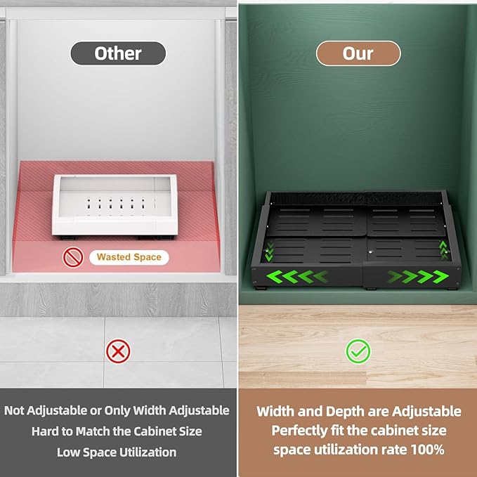 Expandable Pull Out Cabinet Organizer, Adjustable Width 12"-19" & Depth 16.5"-22", 4-Side Extension, 5 Slide Rails for Heavy Duty Use, Adhesive Roll Out Shelves for Kitchen Cabinets, Black 1PCS