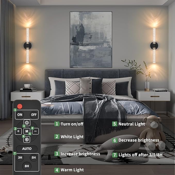 Battery Operated Wall Sconces Set of 2, Black 20'' Rechargeable Crystal Bubble Wall Sconce with Remote Control, 3000K-6000K Dimmable LED Wireless Wall Lights for Living Room Bedroom Bathroom Hallway