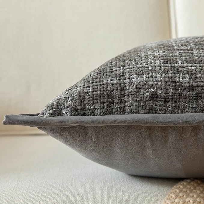 Yaertun Pack of 2 Chenille Textured Decorative Throw Pillow Covers Accent Solid Cushion Cover Soft Cozy Pillow Case with Velvet Back for Couch Sofa Bed Living Room 20x20 Inch Grey