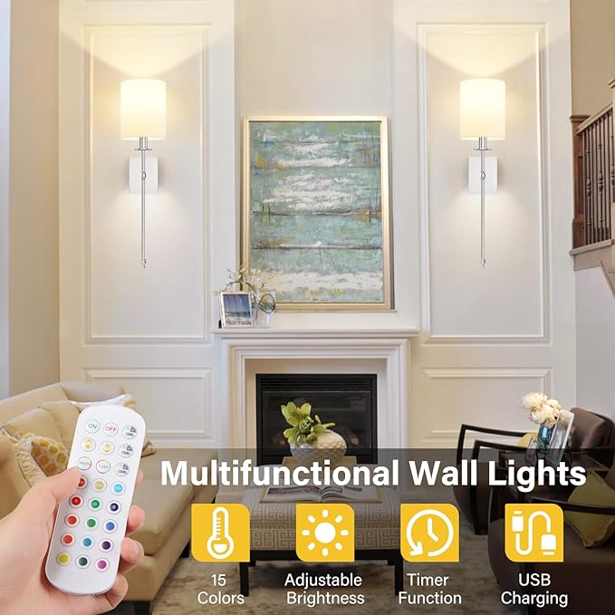 27 Inch Battery Operated Wall Sconces Set of 2 with Remote, Brushed Nickel Rechargeable Wireless Wall Lights with White Fabric Shade, Cordless Wall Lamps with Dimmable Detachable Bulbs for Bedroom