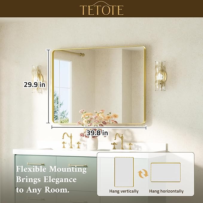 TETOTE Gold Bathroom Mirror 40 x 30 Inch Brushed Gold Metal Framed Vanity Mirror, Tempered Glass, Wall Mounted for Bathroom, Entryway, Bedroom, Living Room(Horizontal/Vertical)