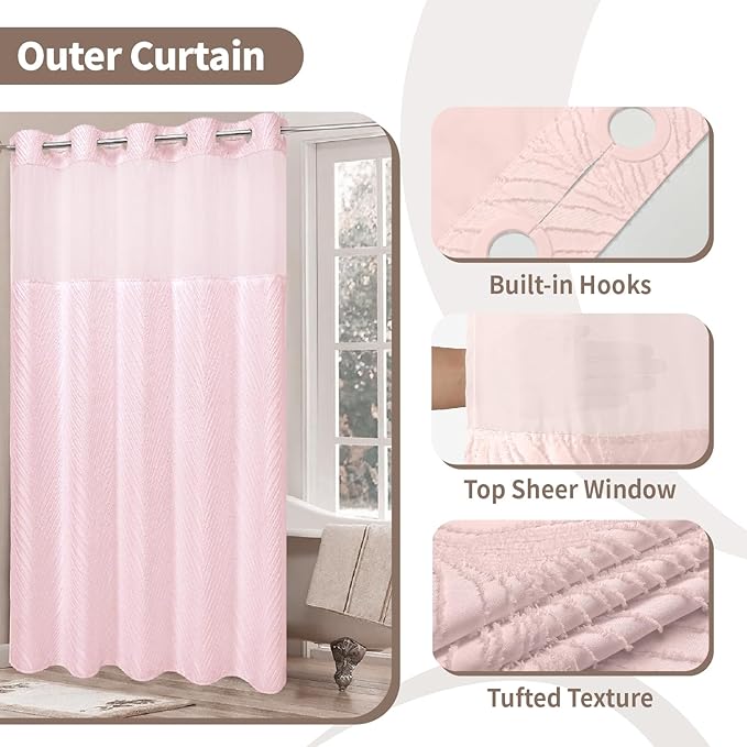 no Hook Shower Curtain and Liner Set，Boho Style with See Through Top Window, Pink Fabric Tufted Striped Textured Outer Curtain & Waterproof Inner Liner, Pink, 71Wx98H