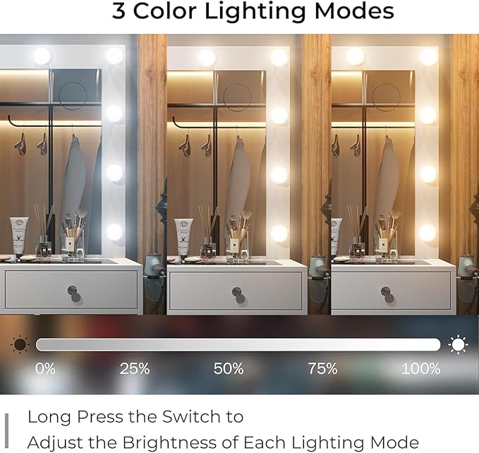 Vanity Desk with Power Outlet, 9 Drawers Makeup Vanity with Mirror and 12 LED Lights, 3 Lighting Modes, Glass Top Vanity Set, Fold-up Panel, Dressing Table for Bedroom