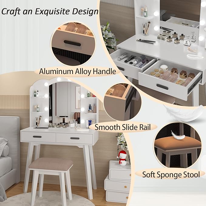 Makeup Vanity Desk with Mirror, Vanity Desk with Lights and Mirror, Makeup Vanity with Drawers and Chair White Vanity with Chair