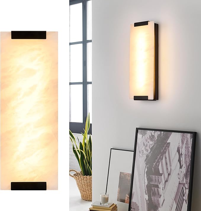 14.2in Alabaster Wall Sconce Hardwired, Large Vertical Natural Marble Wall Light Decor, LED Modern Alabaster Wall Lamp for Bedroom, Stairs, Living Room, Vanity, Bedside, Hallway, Bathroom（Black 12W）