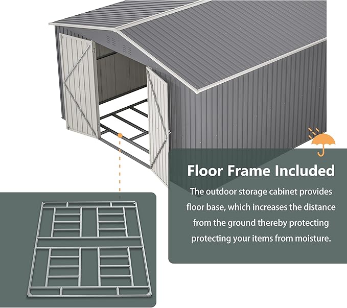 11x13FT Outdoor Storage Sheds with Floor Frame& Lockable Doors Garden Metal Shed Waterproof Galvanized Steel Tool Shed with Air Vents Sloping Roof Ideal for Backyard Patio Lawn Gray