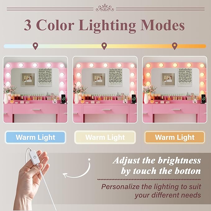 JUMMICO Makeup Vanity Desk with Large Mirror and Lights, Vanity with Power Strip and Hairdryer Holder, 6 Open Shelves and 7 Drawers Modern Dressing Table, for Bedroom (Pink)