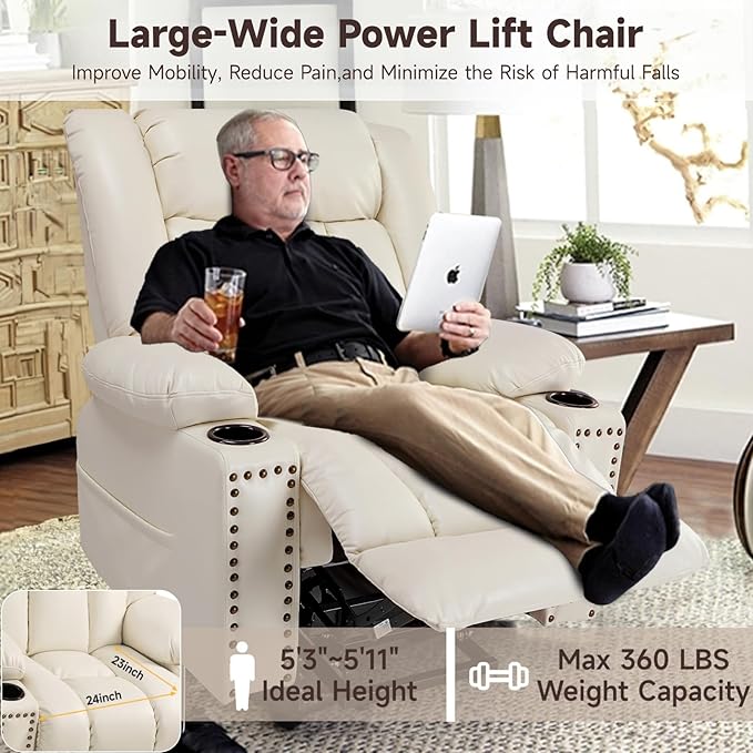 Large Power Lift Chair Recliner for Elderly with Heated and Massage, Overstuffed Adjustable Lift Chair, 3 Position, Breathable Leather, USB-A&USB-C, Cup Holder, Beige