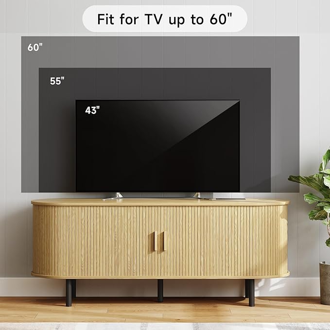 55" TV Stand with Power Outlet for TVs up to 60 Inch, Entertainment Center with Storage and Adjustable Shelves, Modern Media Console with Sliding Doors for Living Room, Oak