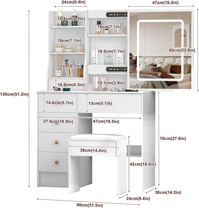 Vanity Desk with Sliding Mirror and LED Lights, Small Makeup Vanity Table Set with Chair and Drawers, White Vanity with Lighted Mirror for Bedroom, Dressing Table for Teen Girls and Women