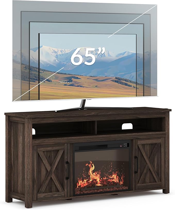 BELLEZE Barn Door Wood Electric Fireplace TV Stand for TVs up to 65 Inches Open Shelves and Cabinets Media Entertainment Center Console Table - Corin (Dark Walnut)