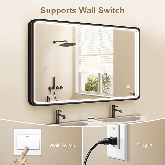 LED-Bathroom-Mirror-with-Lights, 40"x28" Wall-Mounted with Anti-Fog, 3 Colors Dimmable Light, Waterproof, Tempered Glass, Black Framed