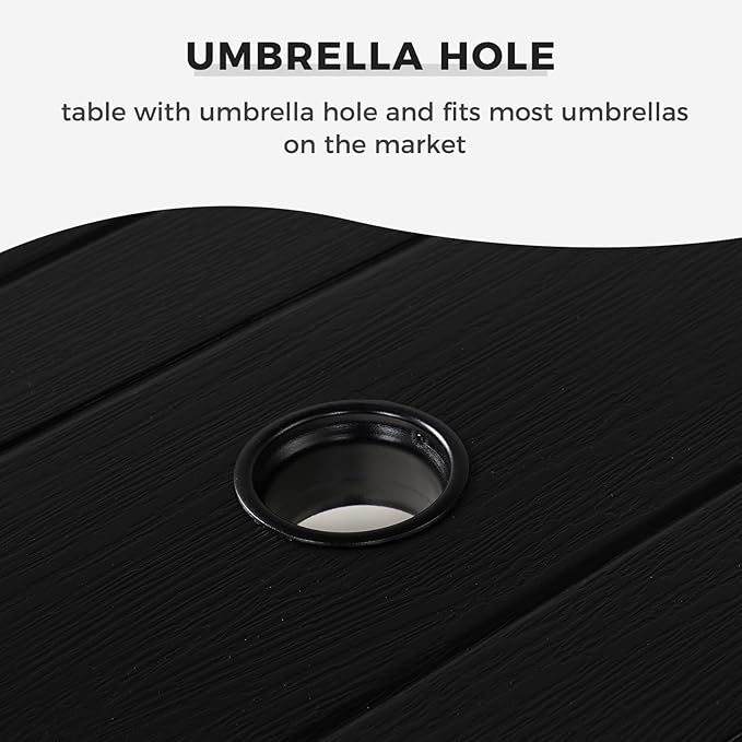 Grand patio Outdoor Dining Set for 6, 7 PCS Patio Table and Chairs Set, Metal Woven Wicker Fixed Patio Chairs with Thickened Cushions & 1 Rectangular Woodgrain Dining Table with Umbrella Hole (Black)