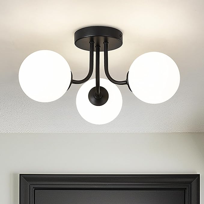 3-Globe Black Flush Mount Ceiling Light in a Modern Farmhouse Design is Ideal for Living Rooms, Bedrooms, or Dining Rooms. Model:CKCL4845-3W-BK