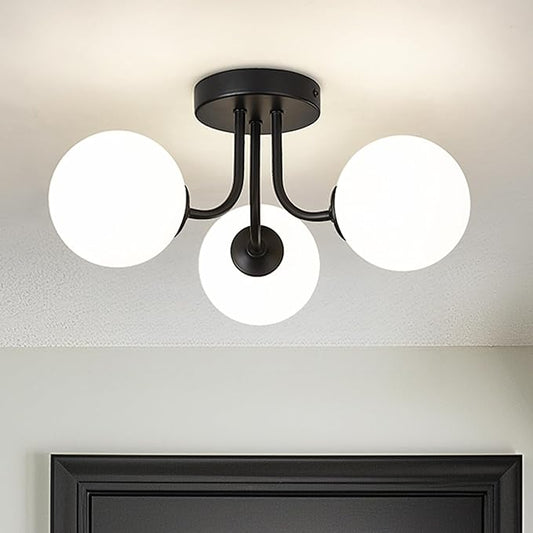 3-Globe Black Flush Mount Ceiling Light in a Modern Farmhouse Design is Ideal for Living Rooms, Bedrooms, or Dining Rooms. Model:CKCL4845-3W-BK