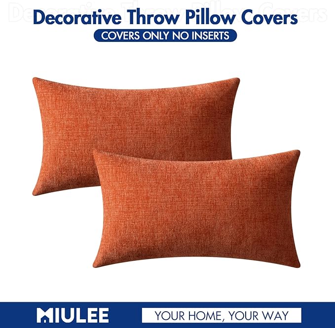 MIULEE Fall Pack of 2 Rust Throw Pillow Covers 12x20 Inch Soft Chenille Pillow Covers for Sofa Living Room Couch Solid Dyed Cases