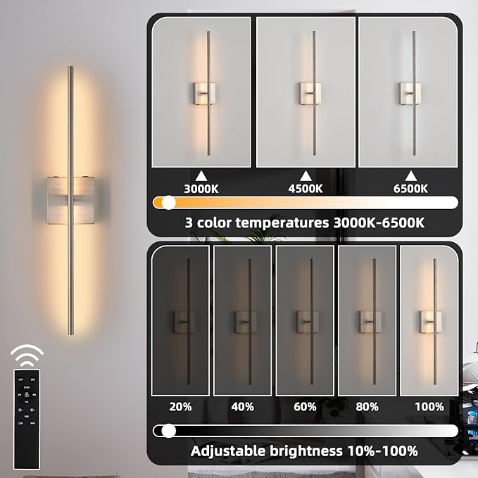 Rechargeable Battery Operated Wall Sconces set of 2, Brushed Nickel Wireless Wall Sconce with Remote Control, 3000K-6000K Dimmable LED Wall Light for Living Room Hallway Bedroom Stairs, 29 Inchs