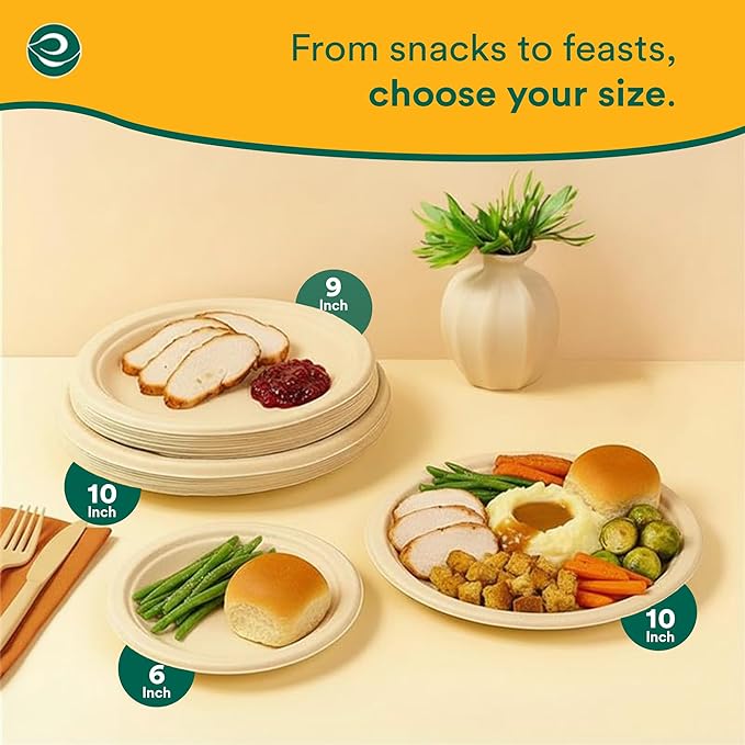 ECO SOUL Compostable Paper Plates 6 Inch (200 Count) Plates for Dessert, Heavy Duty, Eco-Friendly Sugarcane Bagasse Small Plates For Appetizer- Natural Brown