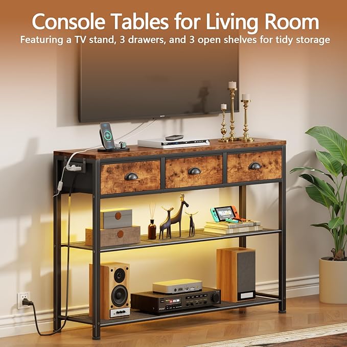 Furologee Console Table with Charging Station & 3 Fabric Drawers, 38'' Entryway Table with Storage Shelves and LED Light for Entry Way, Industrial Display Shelf for Hallway, Foyer, Rustic Brown