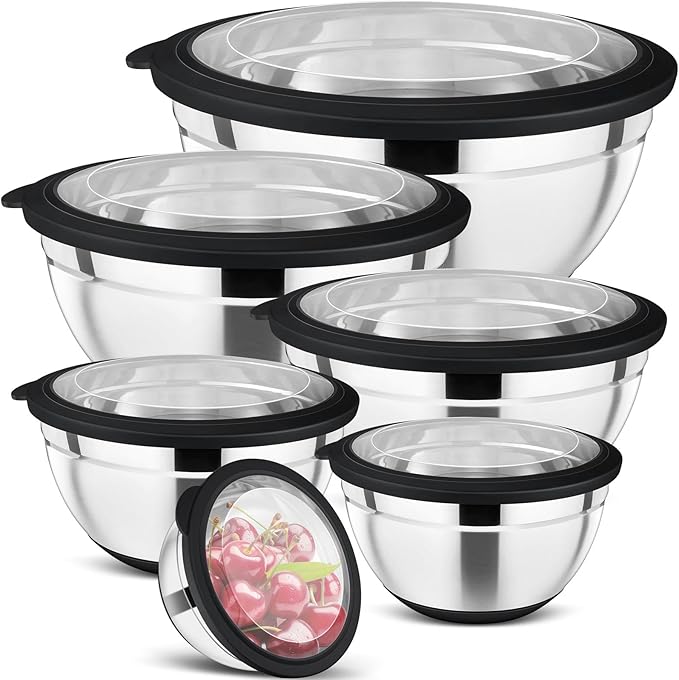 P&P CHEF Black Mixing Bowls Set of 6, Stainless Steel Mixing Bowl with Visible Lids for Salad, Metal Nesting Serving Bowls for Kitchen Cooking Prepping Storing Food, 4.6/3.5/2.6/2/1.5/1 QT