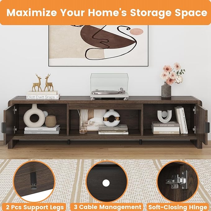 FATORRI TV Stand for 75/65/55 Inch TVs, Mid Century Modern Entertainment Center with Storage, Wood Waveform Fluted-Door Television Media Console for Living Room, Bedroom (63 Inch W, Dark Walnut)