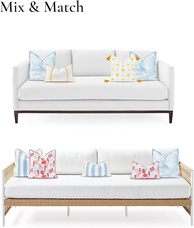 Hofdeco Premium Coastal Hampton Style Patio Indoor Outdoor Pillow Cover Only, 20"x20" Water Resistant for Backyard, Couch, Baby Blue Palm Leaf