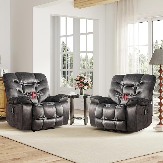 Oversized Power Recliner Chair with Massage and Heat Set of 2, 41" Wide Electric Reclining Chairs with USB Port, Breathable Fabric Overstuffed Reclining Sofa for Living Room Bedroom
