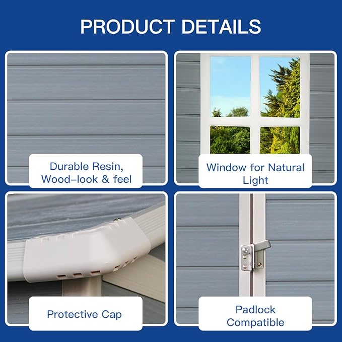 4' x 6' Resin Storage Shed Outdoor, PP Material & Strong Structure for All Weather, Plastic Garden Shed w/Window for Garden, Backyard, Poolside and Lawn, 15mm Thick PP Board - Light Grey