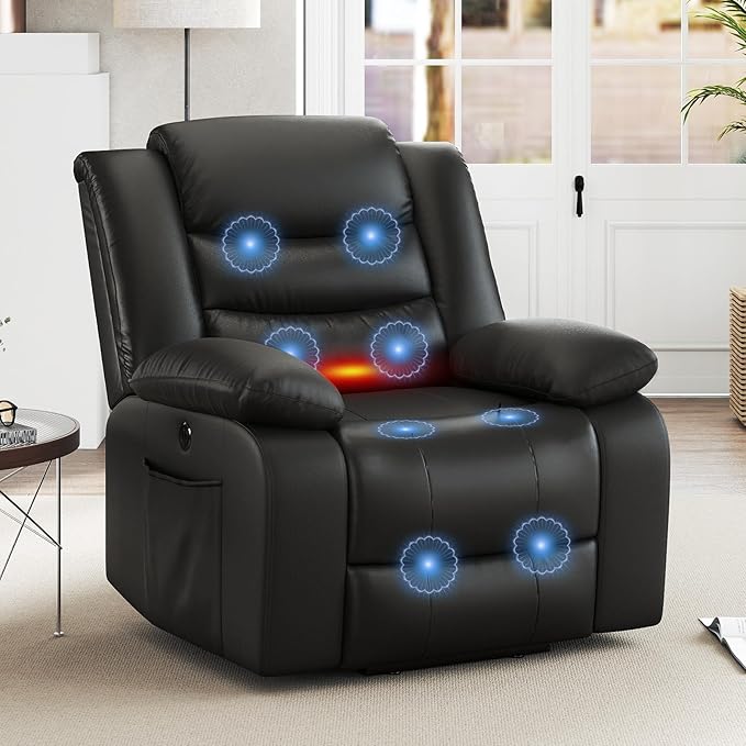 ANJ Power Lift Recliner Chair with Massage and Heat, PU Leather Overstuffed Electric Lift Chair for Elderly, Oversized Single Sofa Recliner with Side Pockets, Remote Control(Black)