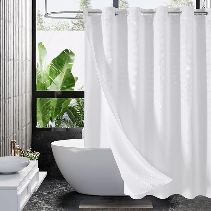 MitoVilla White Waffle Long Shower Curtain 72 x 80, No Hooks Needed 80 inch Long Heavyweight Fabric Shower Curtain Set with Snap-in Liner for Hotel Grade Spa-Like Bathroom Decor