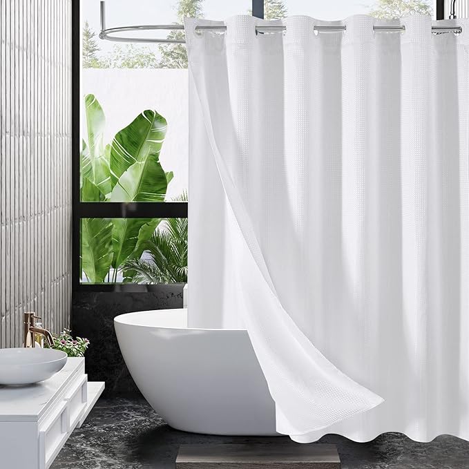 MitoVilla No Hooks Required Extra Long Shower Curtain Set with Snap-in Liner, 86 inch XL White Waffle Heavyweight Fabric Cloth Shower Curtains for Modern Luxury Hotel & Spa Bathroom Decor