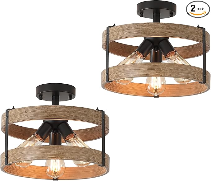 2 Pack 3-Light Rustic Farmhouse Metal Flush Mount Ceiling Light Fixture Wood Grain Metal Round Drum Semi Flush Mount Ceiling Light for Hallway Hall Entry Bedroom Farmhouse Home, Black