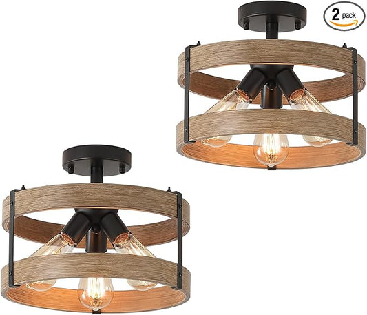 2 Pack 3-Light Rustic Farmhouse Metal Flush Mount Ceiling Light Fixture Wood Grain Metal Round Drum Semi Flush Mount Ceiling Light for Hallway Hall Entry Bedroom Farmhouse Home, Black