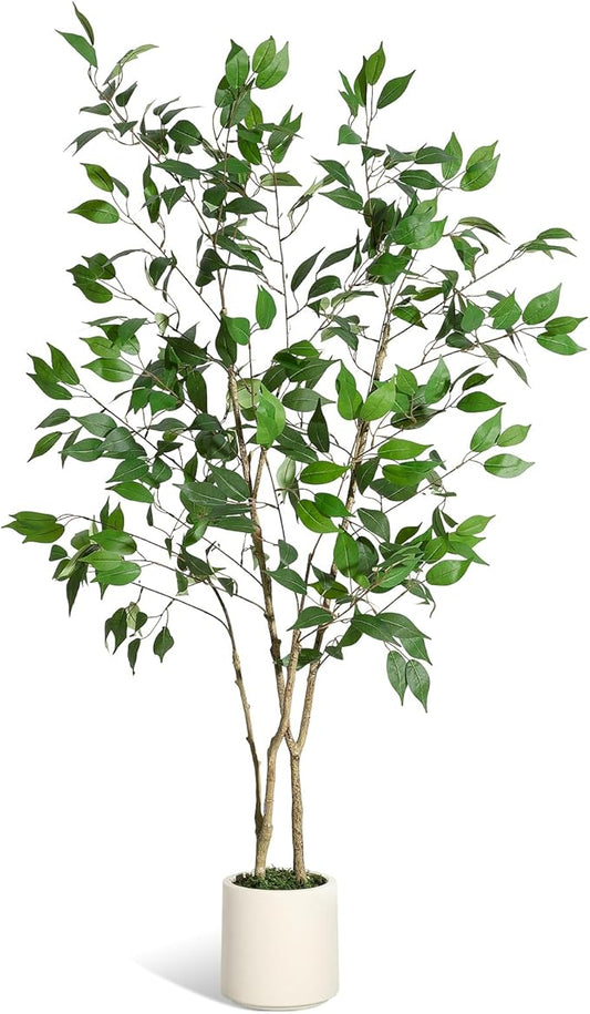 5FT Ficus Trees Artificial Indoor, Faux Silk Plant with Natural Wood Trunk and Lifelike Fruits, White Imitation Ceramic Planter with Green Fake Moss for Modern Home Office Living Room Decor