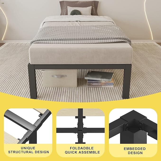 ROIL 14 inch Twin Size Bed Frames with Wide Wood Slats - 3500lbs Heavy Duty No Box Spring Needed Platform, Mattress Stoppers Single Metal Noise Free, Headboard Hole Underneath Storage