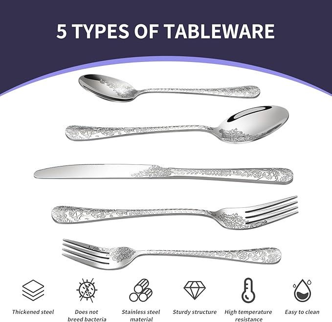 Floral 20 Pcs Silverware Set for 4, Food Grade Stainless Steel Flatware Set with Rose Flower Embossed Design, Eating Utensils Sets Include Fork/Knife/Spoon, Reusable Cutlery Set, Dishwasher Safe