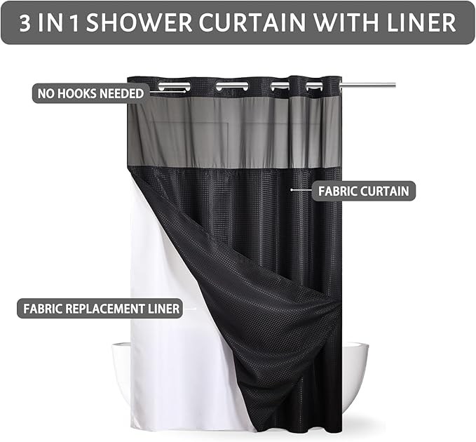 No Hook Waffle Weave Shower Curtain with Snap in Liner Set,Heavy Duty Fabric Textured Bathroom Curtain with Sheer Window,Waterproof & Machine Washable,Black,Stall Size 36x72 Inch
