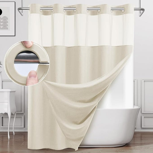 Long No Hook Shower Curtain with Snap in Liner, Polyester Textured Shower Curtain with Liner Set, Waterproof Washable Hotel Style Shower Curtains for Bathroom, 71Wx80H, Cream