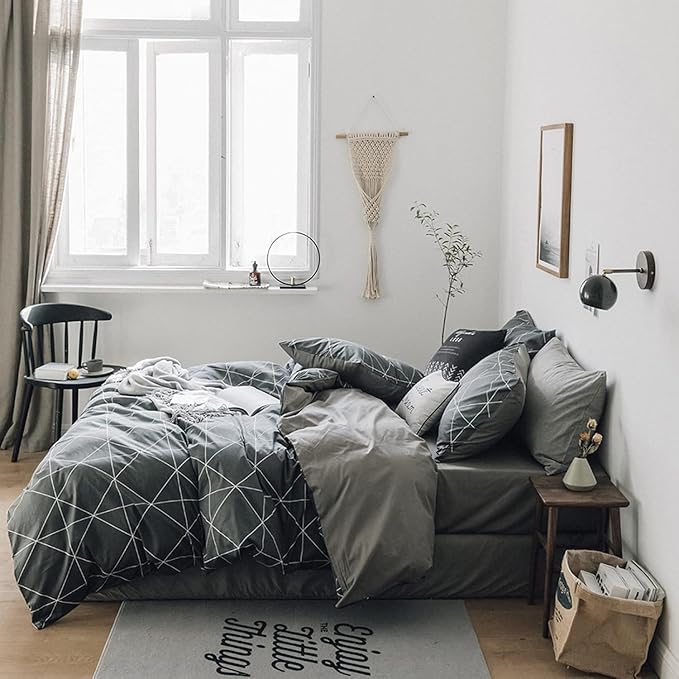 mixinni Twin XL Size Comforter Set Soft Geometric Grey Geometric Checkered Plaid Printed Bedding Comforter for Men Boys, 1 Soft Microfiber Reversible Comforter with 2 Pillowcases for All Seasons