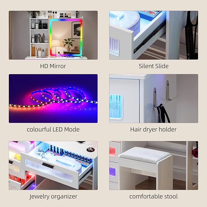 LED Vanity with Sliding Mirror, Smart Makeup Table with 5 Drawers 6 Shelves, Make Up Vanity Desk with Charging Station 14 Color Lighting Modes, Cushioned Stool, USB Type-C for Bedroom White