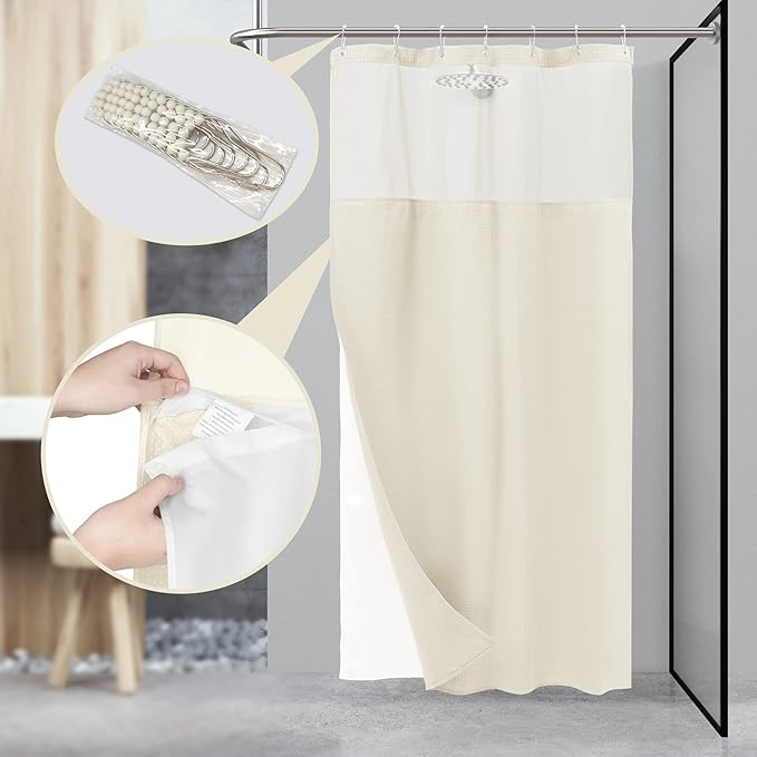 N&Y HOME Stall Waffle Weave Shower Curtain with Snap-in Fabric Liner & Hooks Set - 36" x 72" Small Shower Stall Size, Hotel Style & Mesh Top Window, Machine Washable - 36x72, Cream