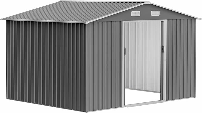 Storage Shed 10x8 FT Outdoor Metal Garden Shed with Lockable Sliding Door and Air Vents Galvanized Steel Shed with Air Vents Waterproof Roof Ideal for Backyard Patio Lawn Dark Gray