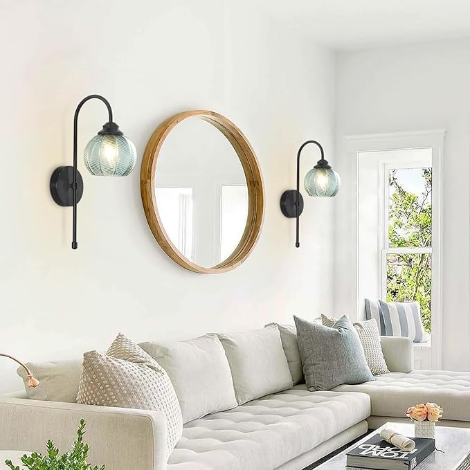 KCO Lighting Mid Century Modern Wall Sconce Matte Black Vintage Bathroom Light Fixture Green Glass Globe Wall Light Hallway Indoor Sconces Wall Lighting Set of 2