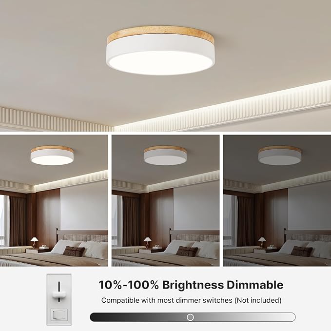 Led Flush Mount Ceiling Light: 11.8" Dimmable 5CCT Overhead Ceiling Lighting Fixture - Morden White Round Close to Ceil Lights - Flat Wood Minimalist Light Fixtures for Living Room Laundry Bedroom