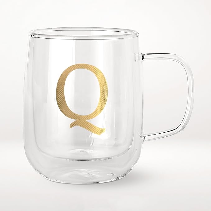 COLLECTIVE HOME - Double Walled Glass Coffee Mugs, Insulated Coffee Mug with Handle, Personalized Gifts for Women, Men, Christmas, 14 oz Monogram Cups (Q)