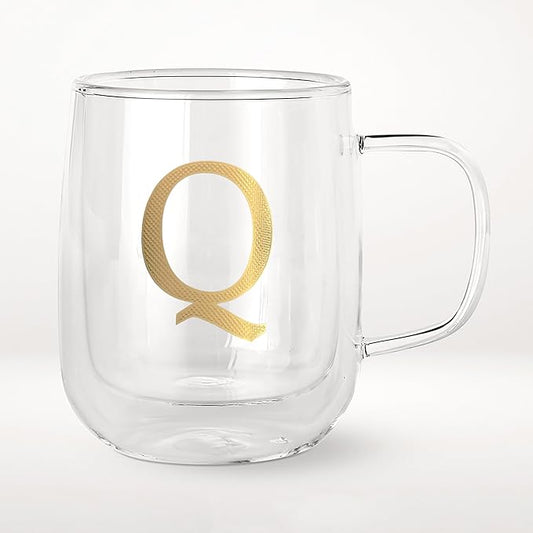 COLLECTIVE HOME - Double Walled Glass Coffee Mugs, Insulated Coffee Mug with Handle, Personalized Gifts for Women, Men, Christmas, 14 oz Monogram Cups (Q)